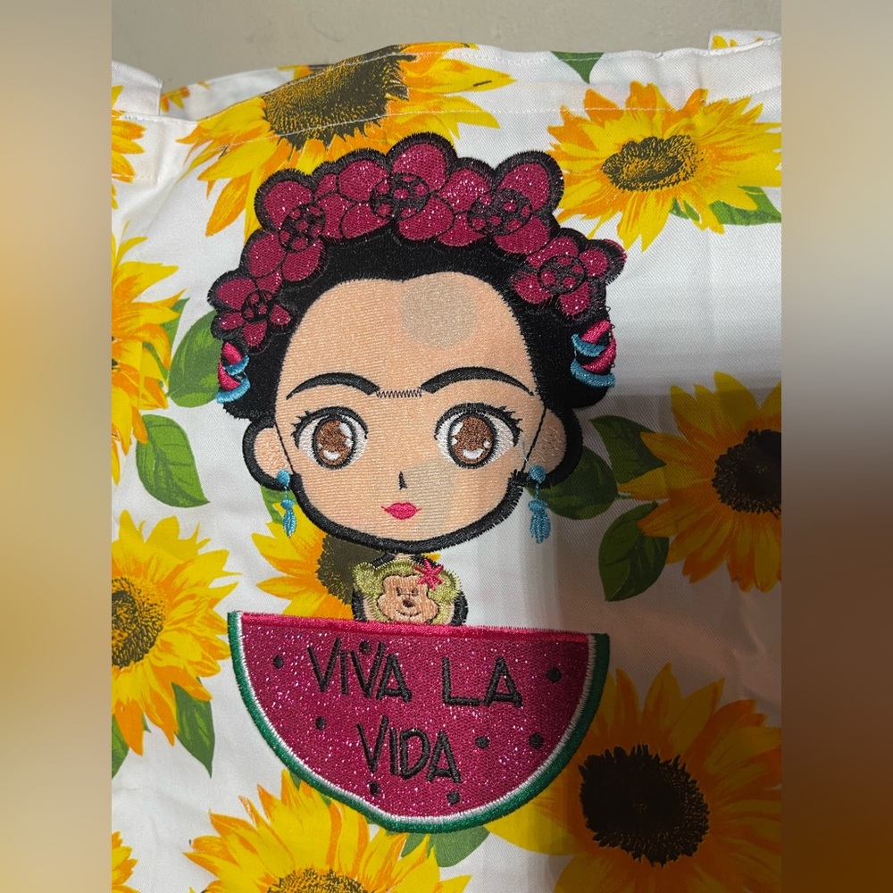 Handmade Embroidered Frida Khalo Viva La Vida Sunflower Apron